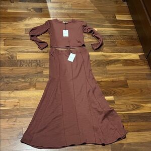 Promesa Two-Piece Long Flare Skirt Set in Rust